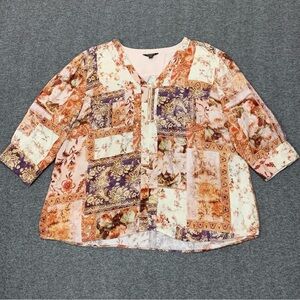 Cacharel‎ Floral Patchwork Zipup Blouse 3/4 Roll Tab Sleeve Gold Accent 2XL